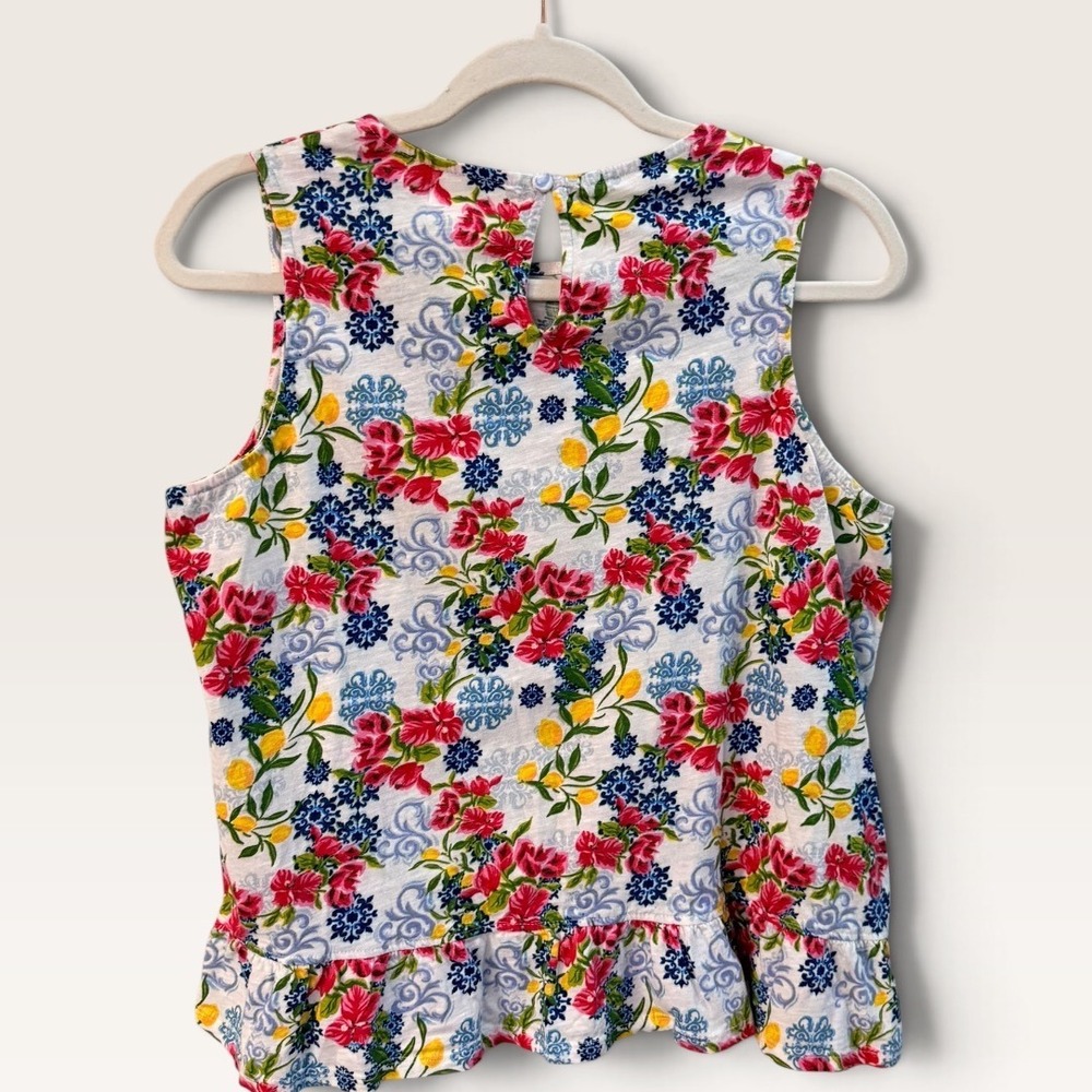 Stella Parker Collection Floral Lemon Print Ruffle Hem Cotton Tank Top Medium